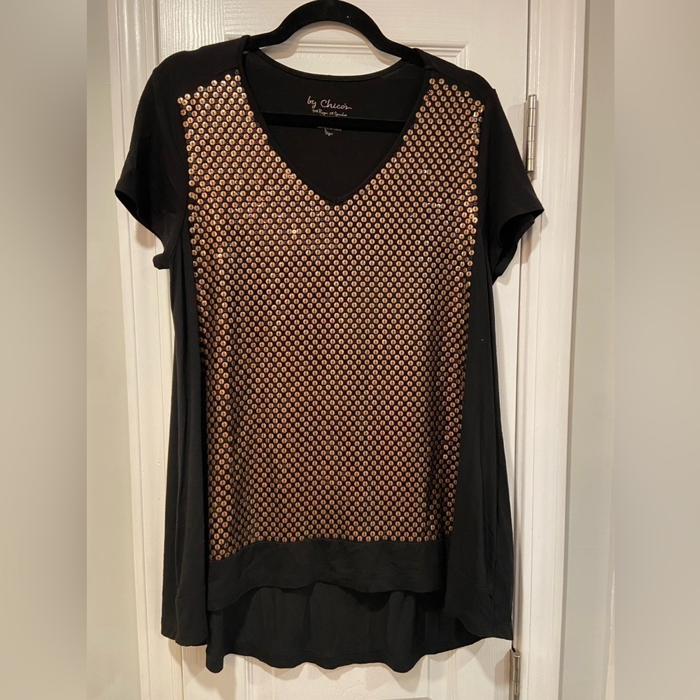 Chicos Black Gold Sequin V Neck Short Sleeve Tunic Blouse Flowy Oversized Size S